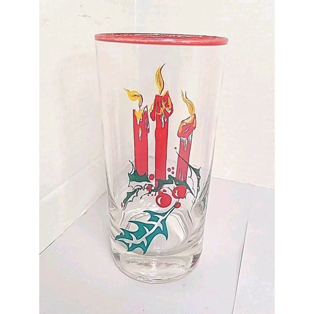 Vtg Christmas Federal Glass 6 Pc Tumblers Red Candles Holly Berry Red Green